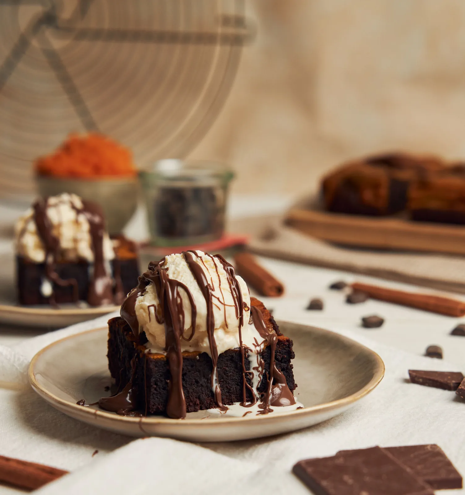 Warm brownie with a scoop of ice cream